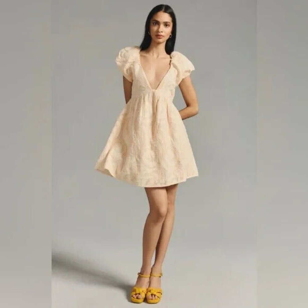 Anthropologie DEEP V PUFF-SLEEVE DRESS PEACH Fit & Flare sz 8 Fairy Dream Dance